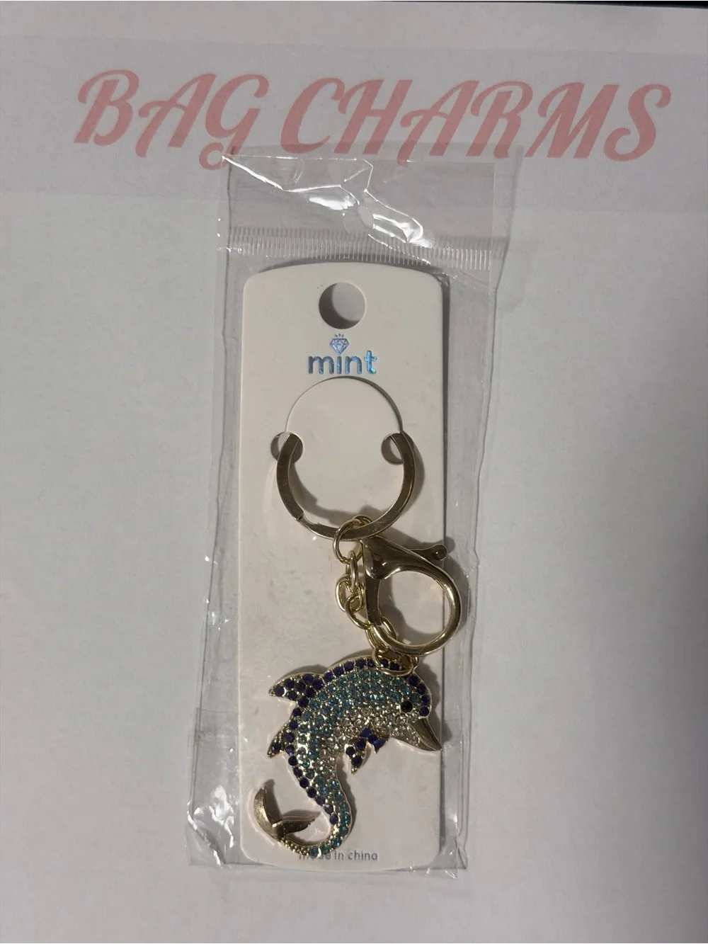 Mint Gold Dolphin Keychain with Blue and Teal Rhinestones